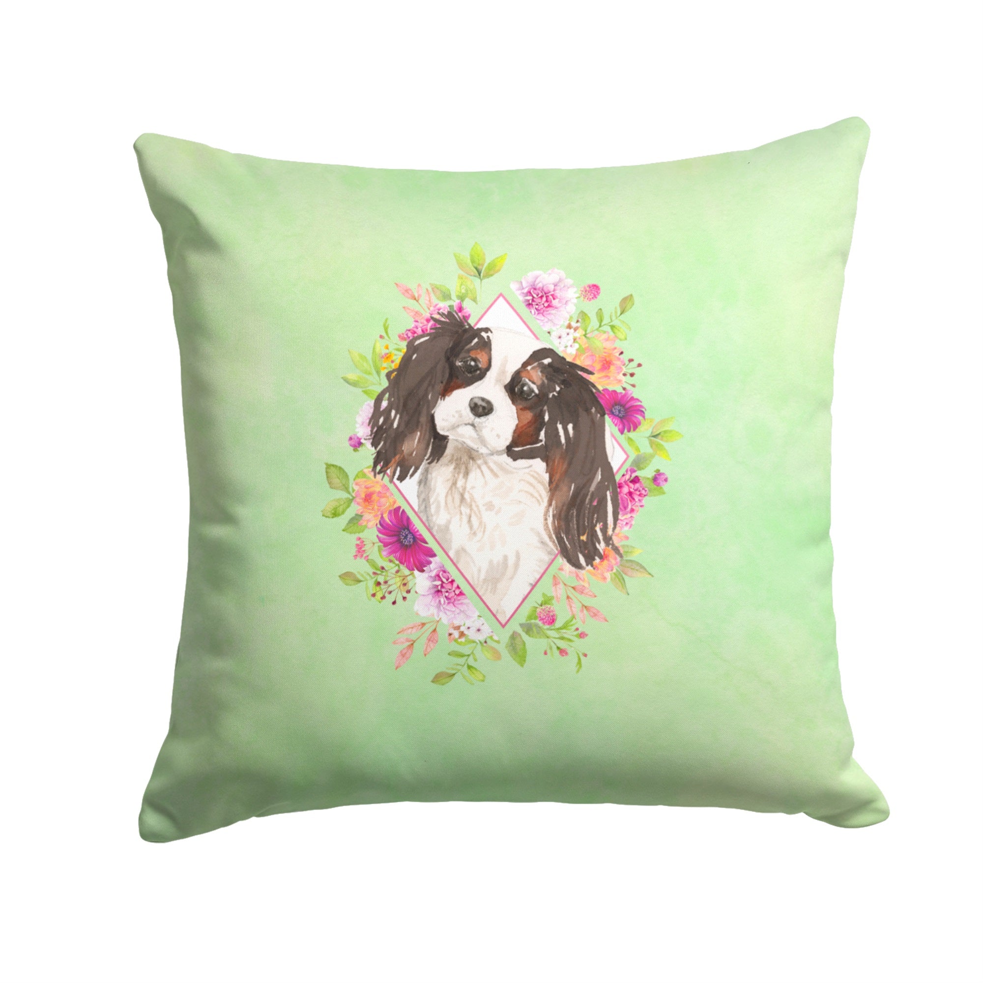 Tricolor Cavalier Spaniel Green Flowers Fabric Decorative Pillow